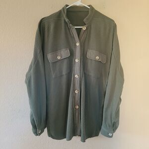 Womens Oversized Waffle Shirt Olive Green Size Medium Long Sleeve Shacket Button